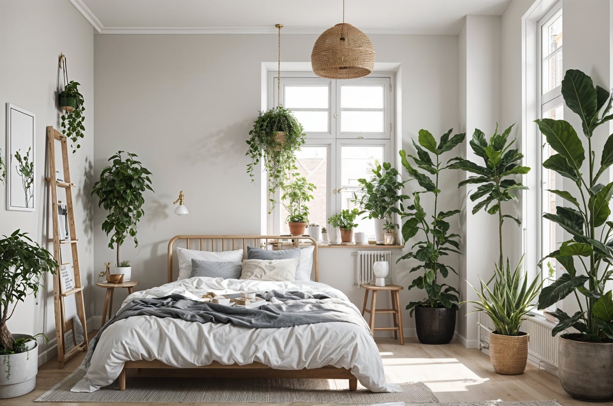 Scandinavian bedroom with a white bed, large window, and potted plants