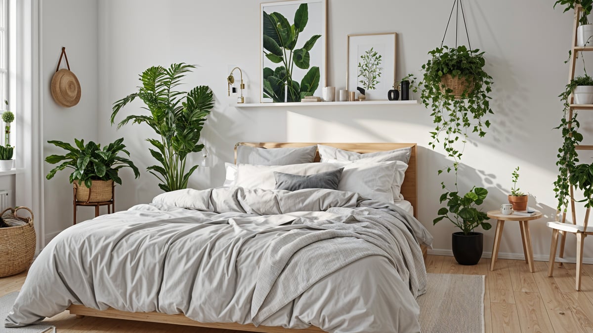 A bedroom with a large bed and a shelf above it. The shelf is decorated with several potted plants and vases. The bed is covered with a white comforter and has a white pillow on it.