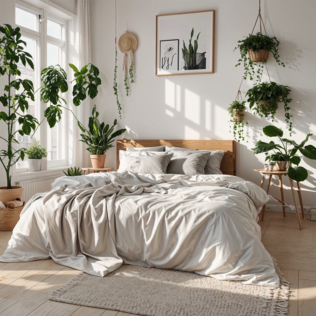 A bedroom with a large bed and several potted plants, in a Scandinavian design style.