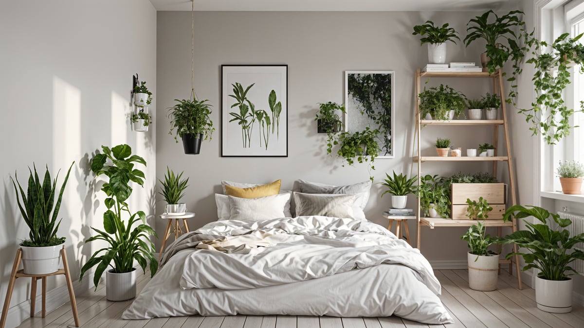 A cozy bedroom with a white bed and a variety of potted plants. The bedroom has a Scandinavian design style.