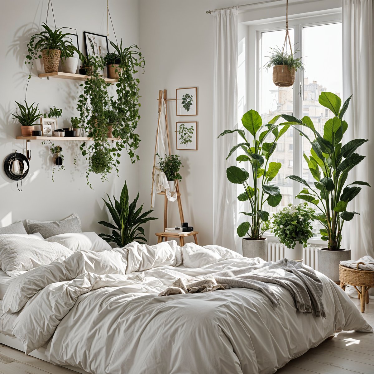 Scandinavian style bedroom with a white bed and potted plants