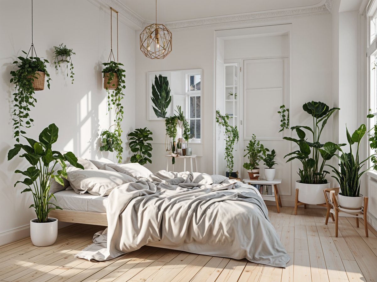 A bedroom with a white bed and a large window, decorated with potted plants.