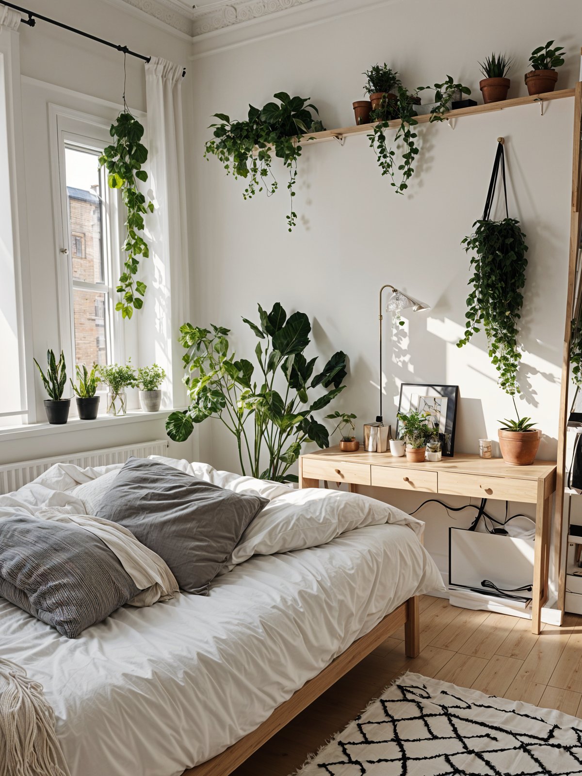 Scandinavian-style bedroom with a white bed and potted plants.