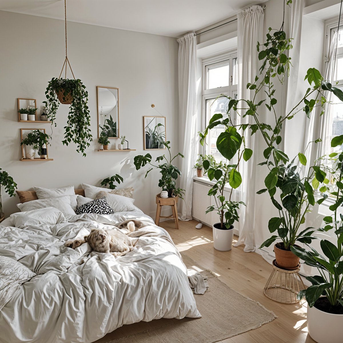 Scandinavian bedroom with a large bed and several potted plants