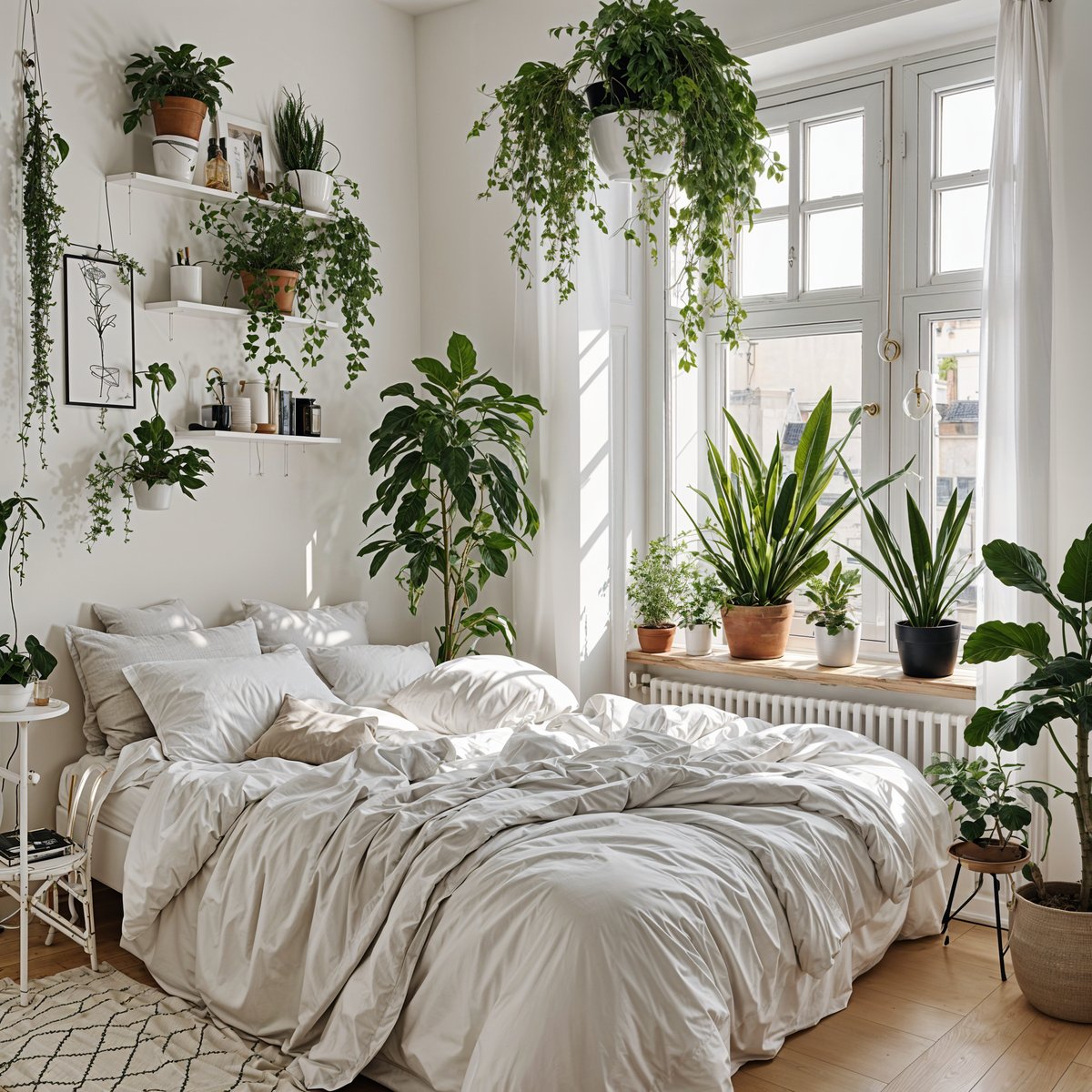 A bedroom with a large white bed and many potted plants, in a Scandinavian design style.