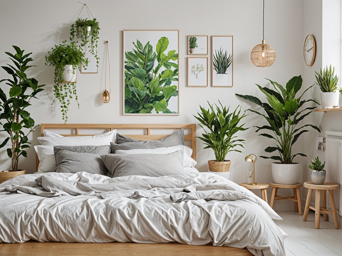 A bedroom with a large bed, wooden headboard, and several potted plants. The room has a scandinavian design style.