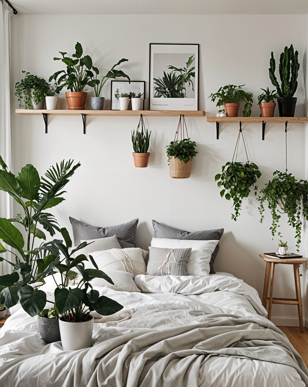 A bedroom with a bed under a shelf filled with potted plants. The plants are hanging from the shelf, creating a Scandinavian style design.