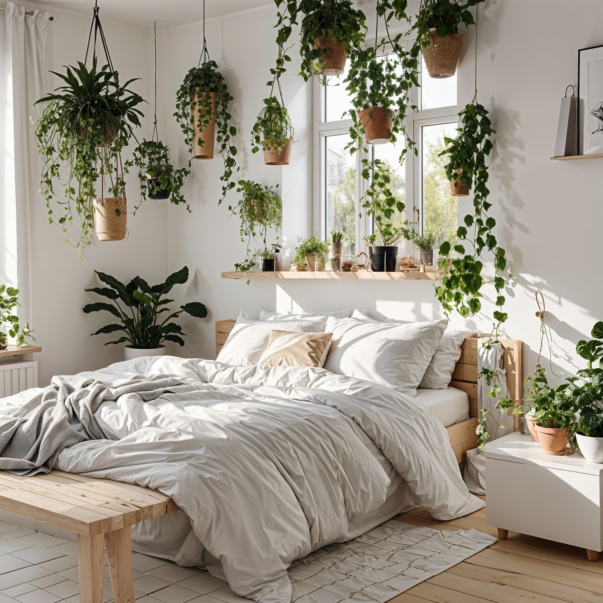 A white bedroom with a shelf full of potted plants and hanging plants. The room has a Scandinavian design style and is bright and inviting.