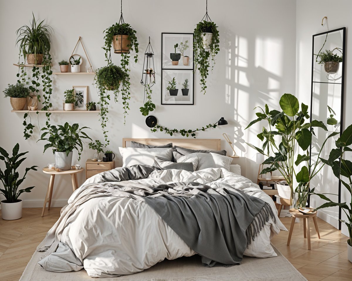 A bedroom with a large bed, white color scheme, and Scandinavian-style decoration