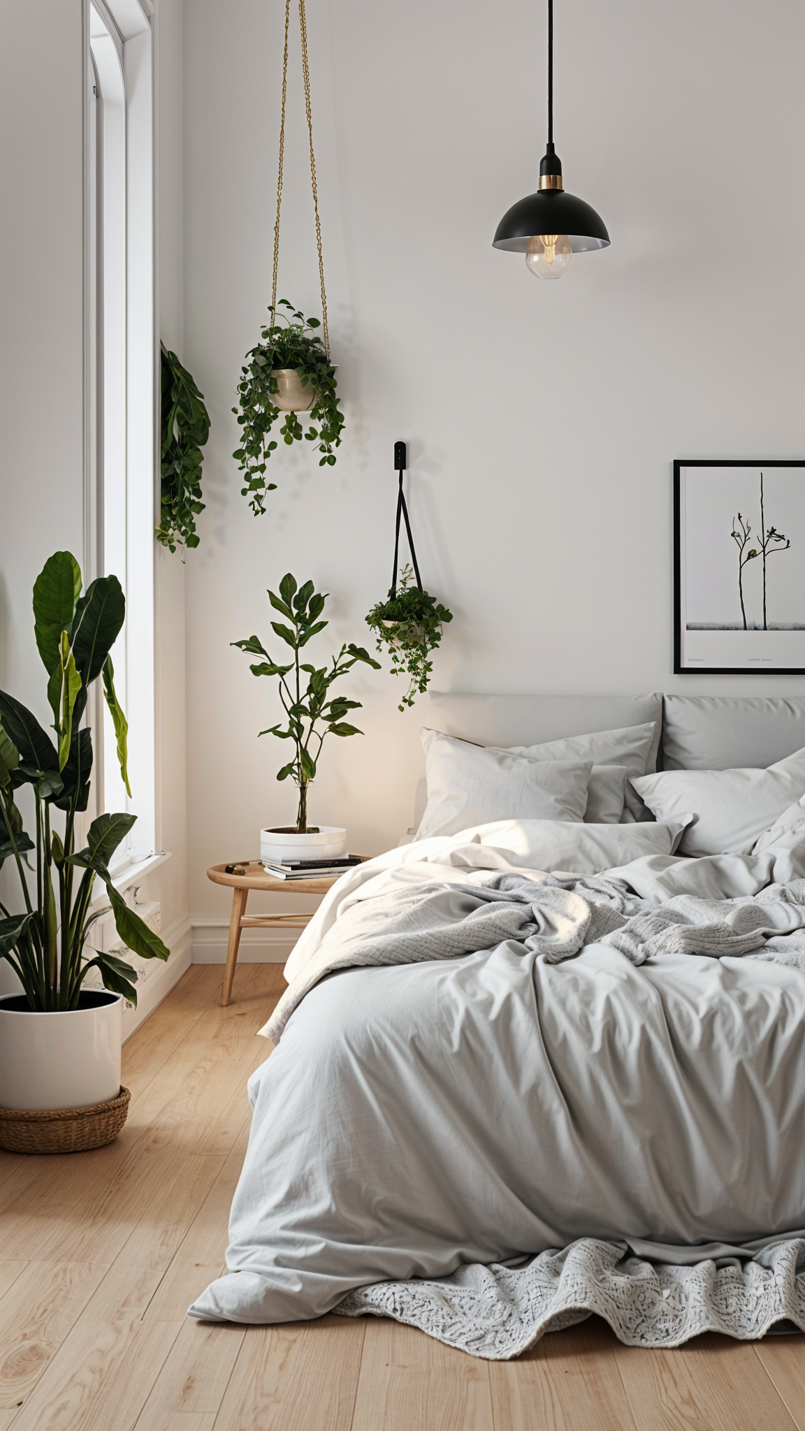 A bedroom with a white bed, a window, and several potted plants. The room has a Scandinavian design style.