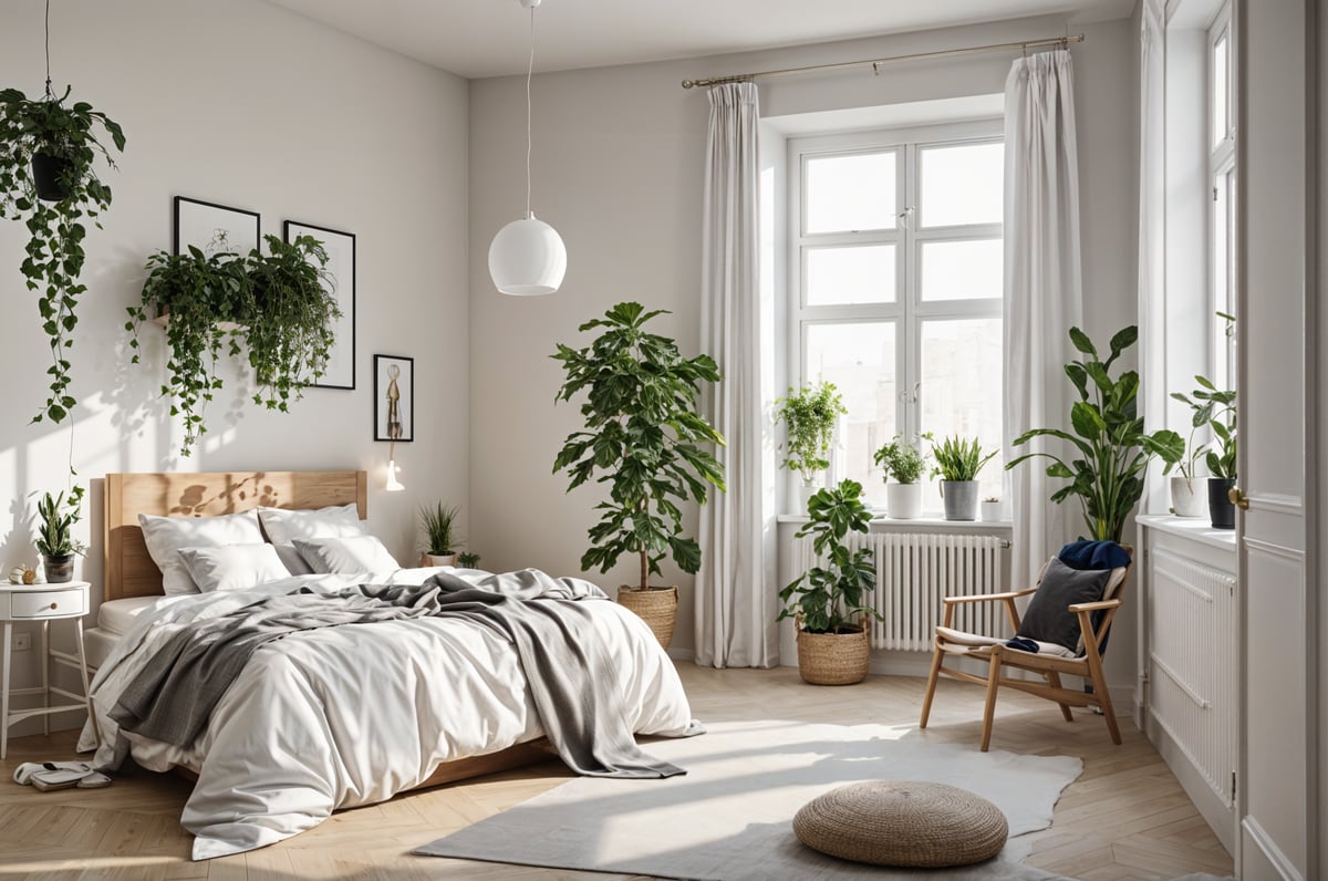 Scandinavian bedroom with a large bed, window, and potted plants