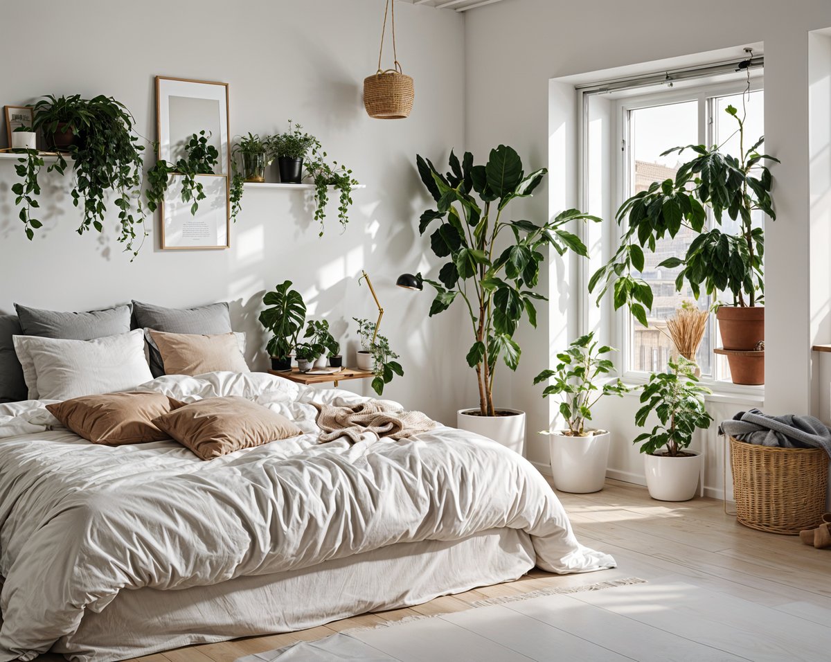 Scandinavian bedroom with a large bed, white comforter, and several potted plants