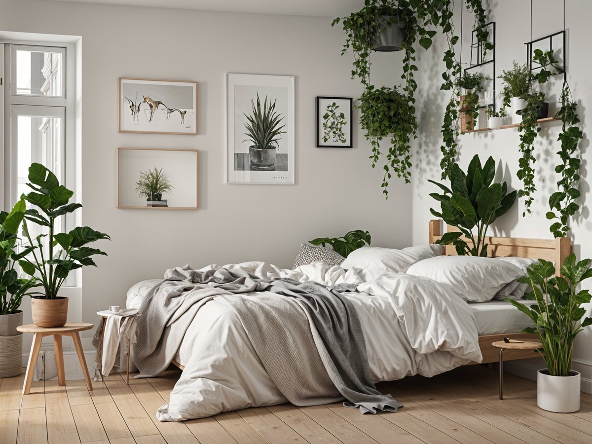 A bedroom with a bed covered in a white comforter and blankets, surrounded by potted plants. The room has a Scandinavian design style.