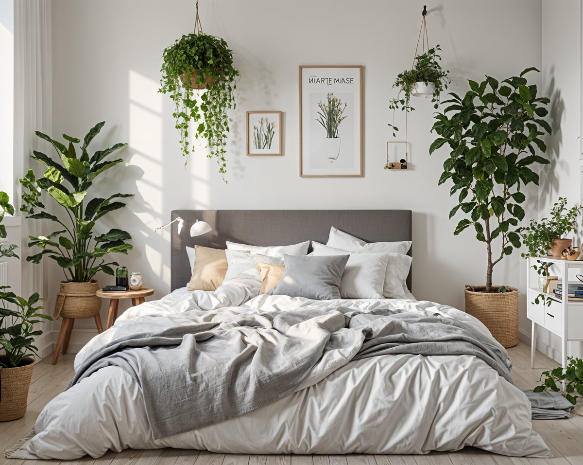 A bedroom with a bed and a few potted plants. The bed is covered in a white comforter and has a few pillows. There are also some hanging plants above the bed, adding a touch of greenery to the room.