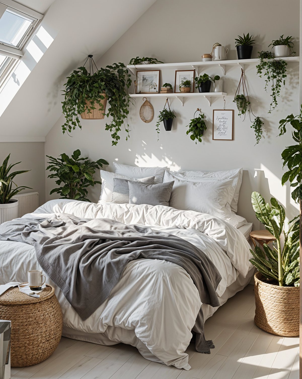 A cozy bedroom with a white bed and potted plants, showcasing a Scandinavian design style.