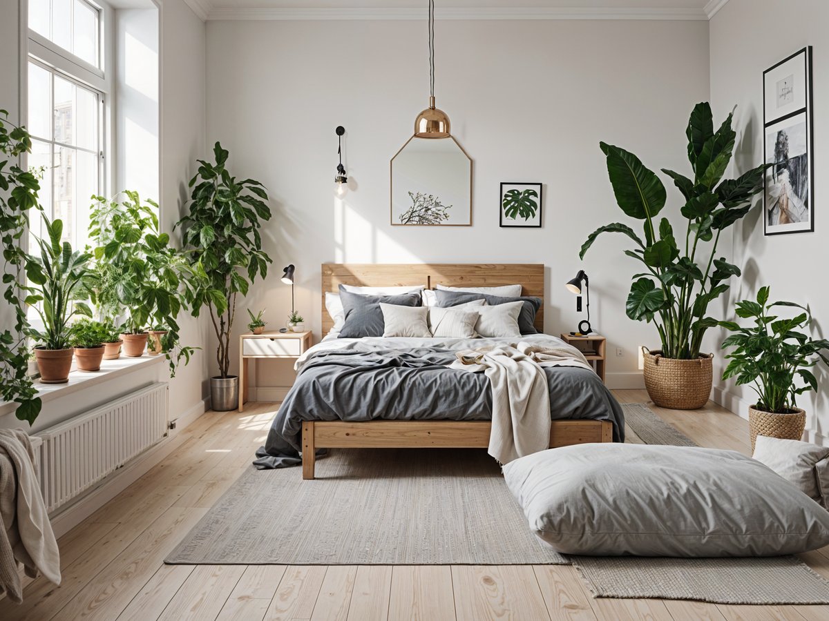 Scandinavian style bedroom with a large bed, wooden headboard, and potted plants.