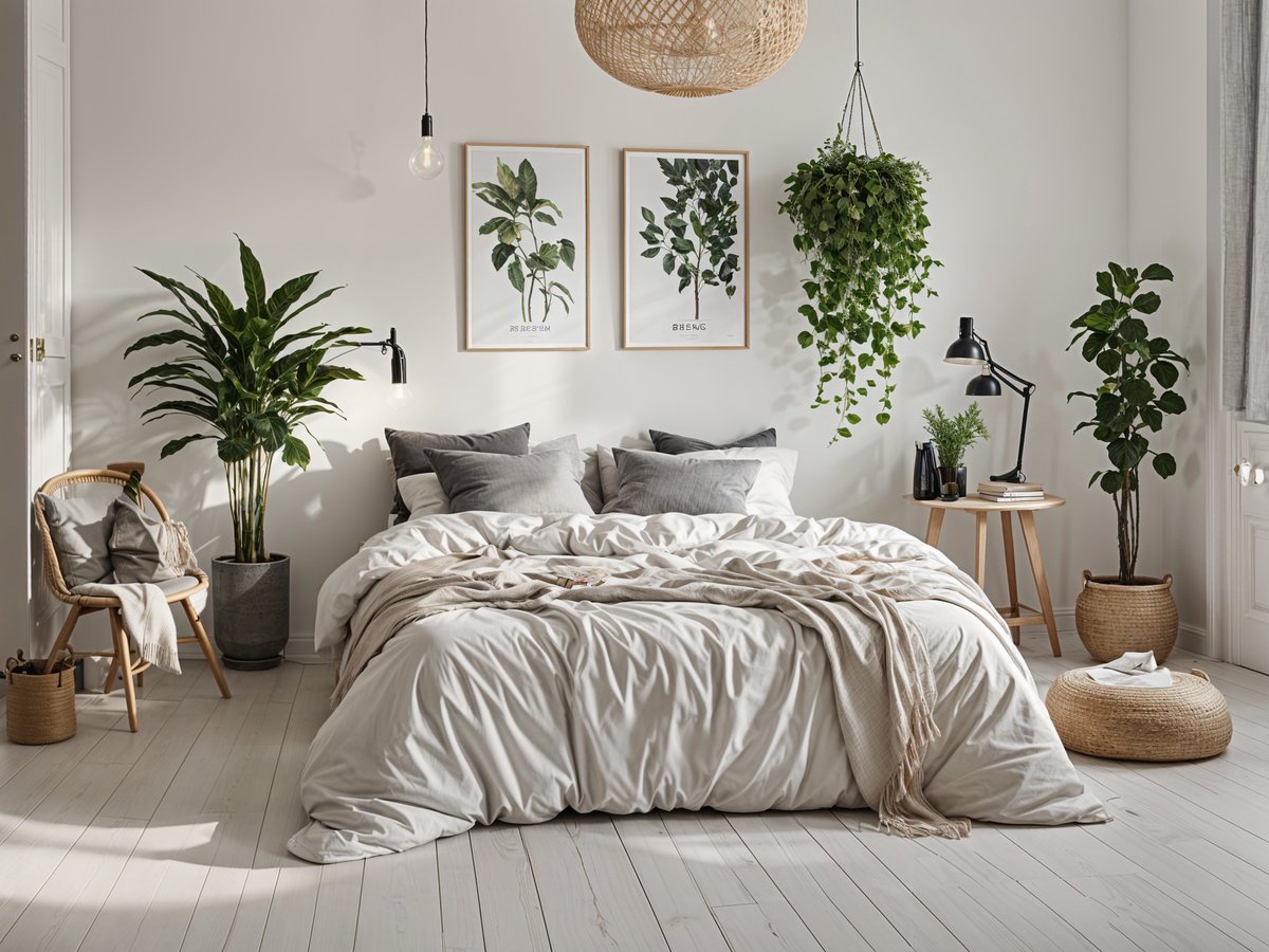 A bedroom with a large bed, two pictures on the wall, and several potted plants. The bed is covered in a white comforter and has a white sheet. The room has a Scandinavian design style with the use of white and green colors.