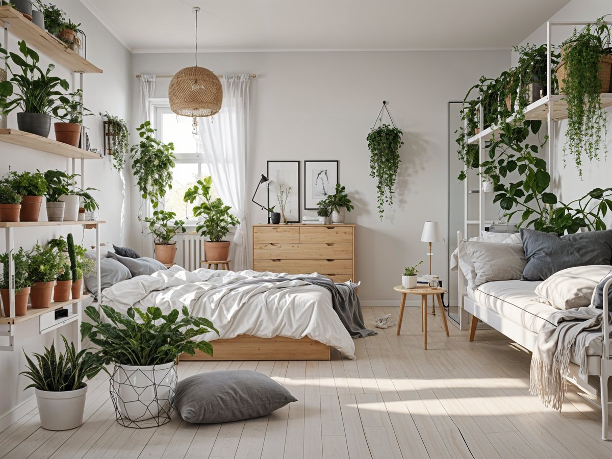 Scandinavian bedroom with a bed, table, and potted plants