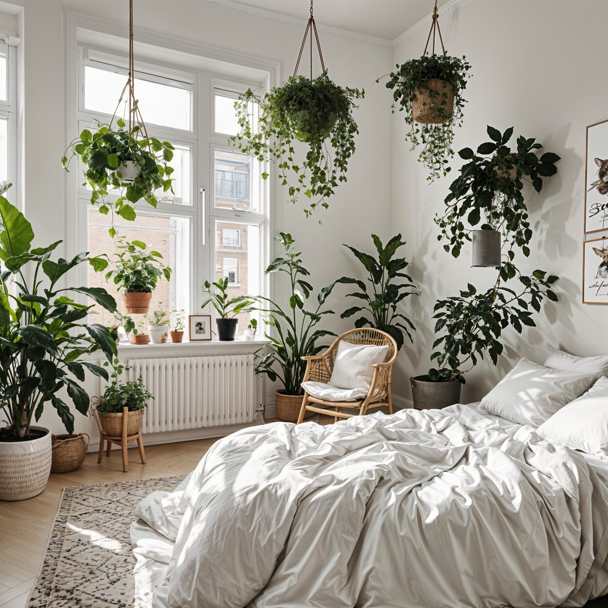 A bedroom with a white bed and many hanging plants, giving it a Scandinavian design style.