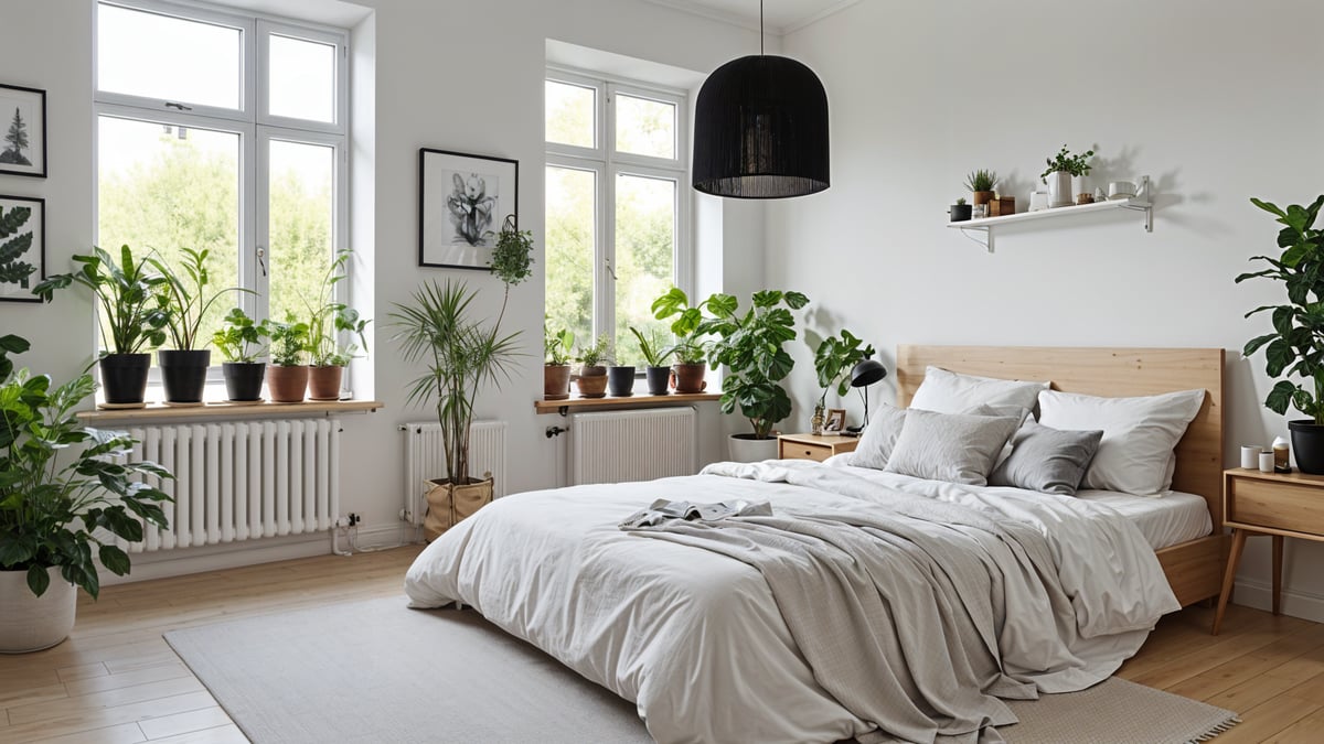 Scandinavian bedroom with a large bed and several potted plants