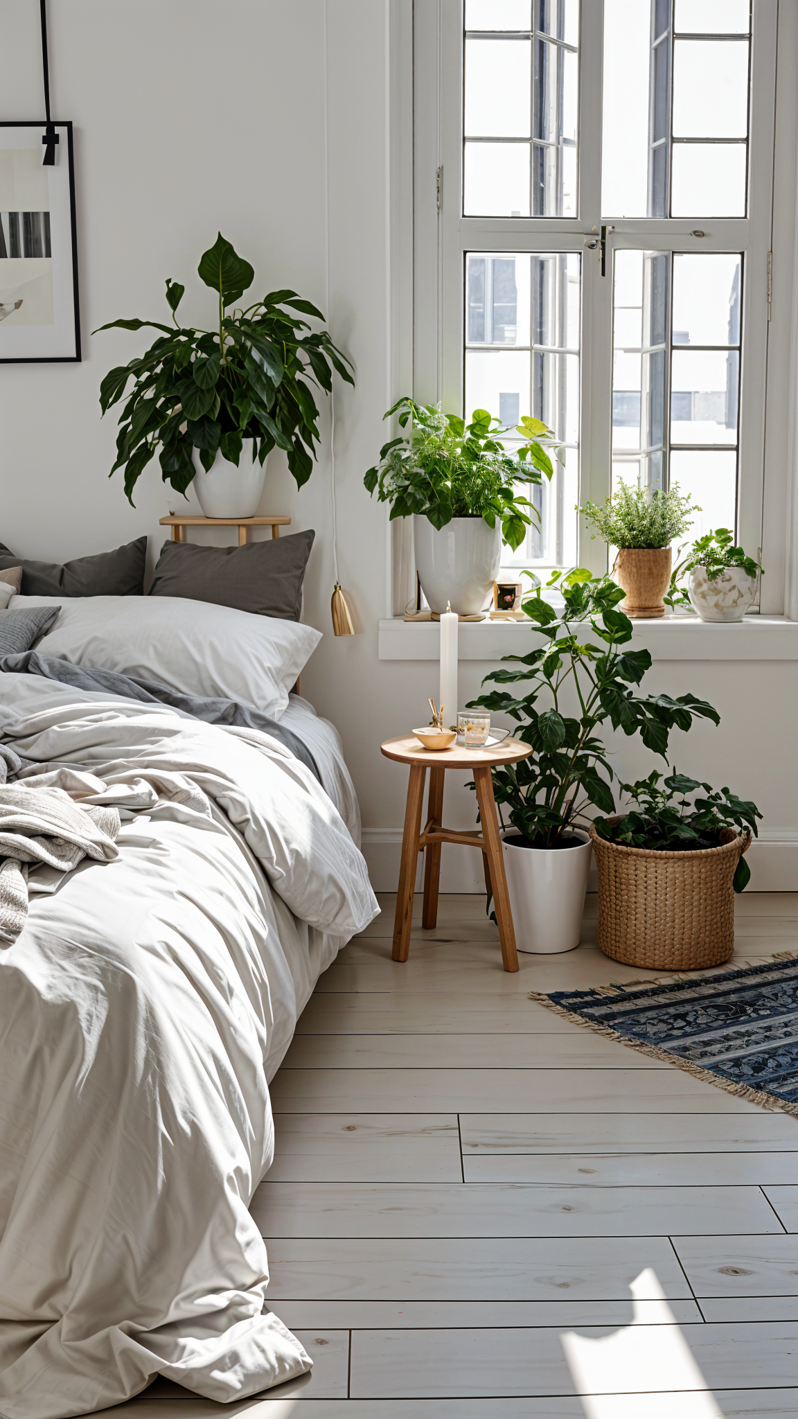 A bedroom with a white bed and potted plants. The bed is neatly made and the room is decorated with several potted plants.