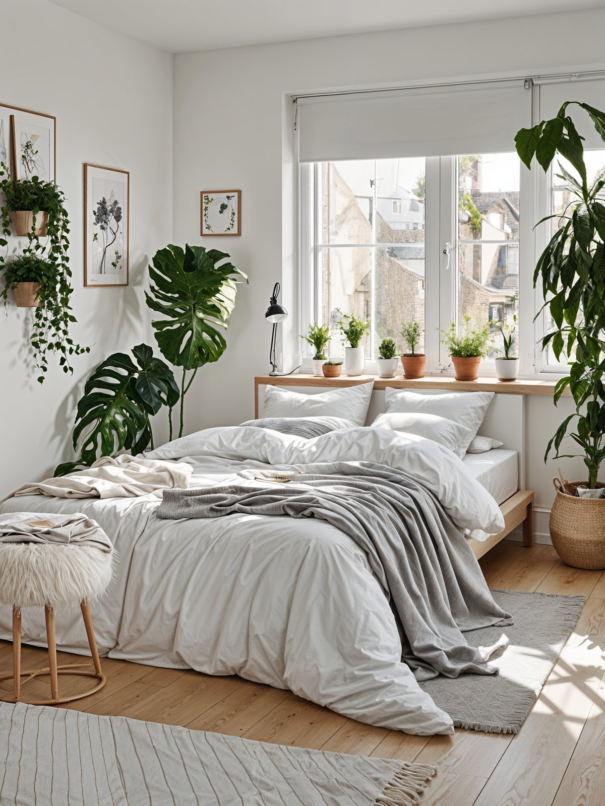 A bedroom with a large bed and several potted plants arranged around the room. The bed is covered in white sheets and blankets, and the plants add a touch of greenery to the space.