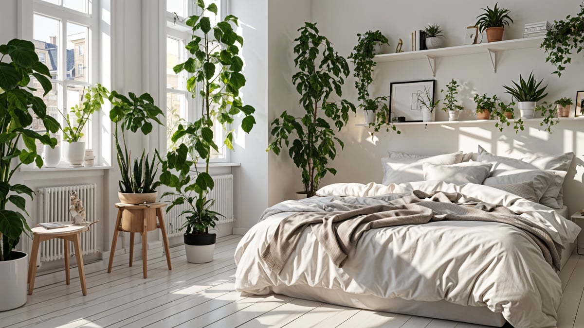 A bedroom with a white bed and potted plants creating a Scandinavian-style atmosphere.