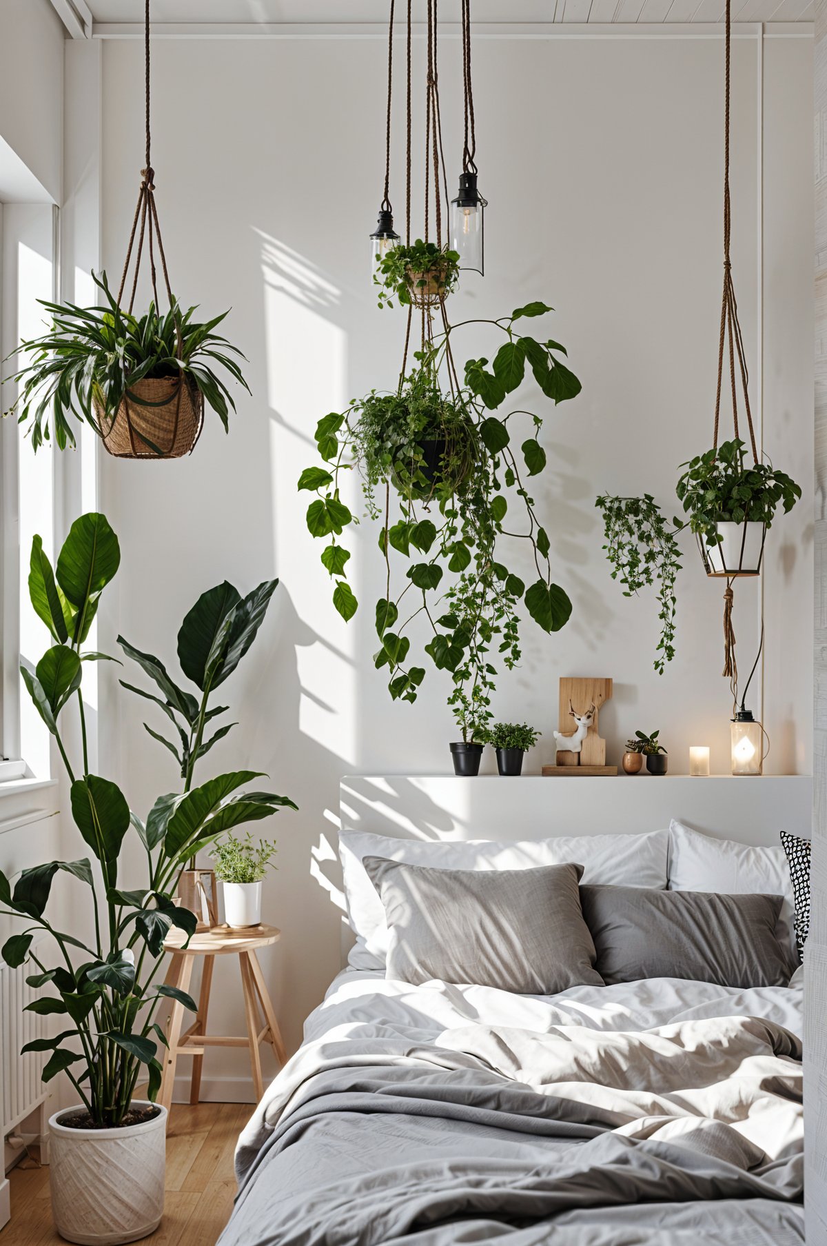 Scandinavian bedroom with a white bed and hanging plants