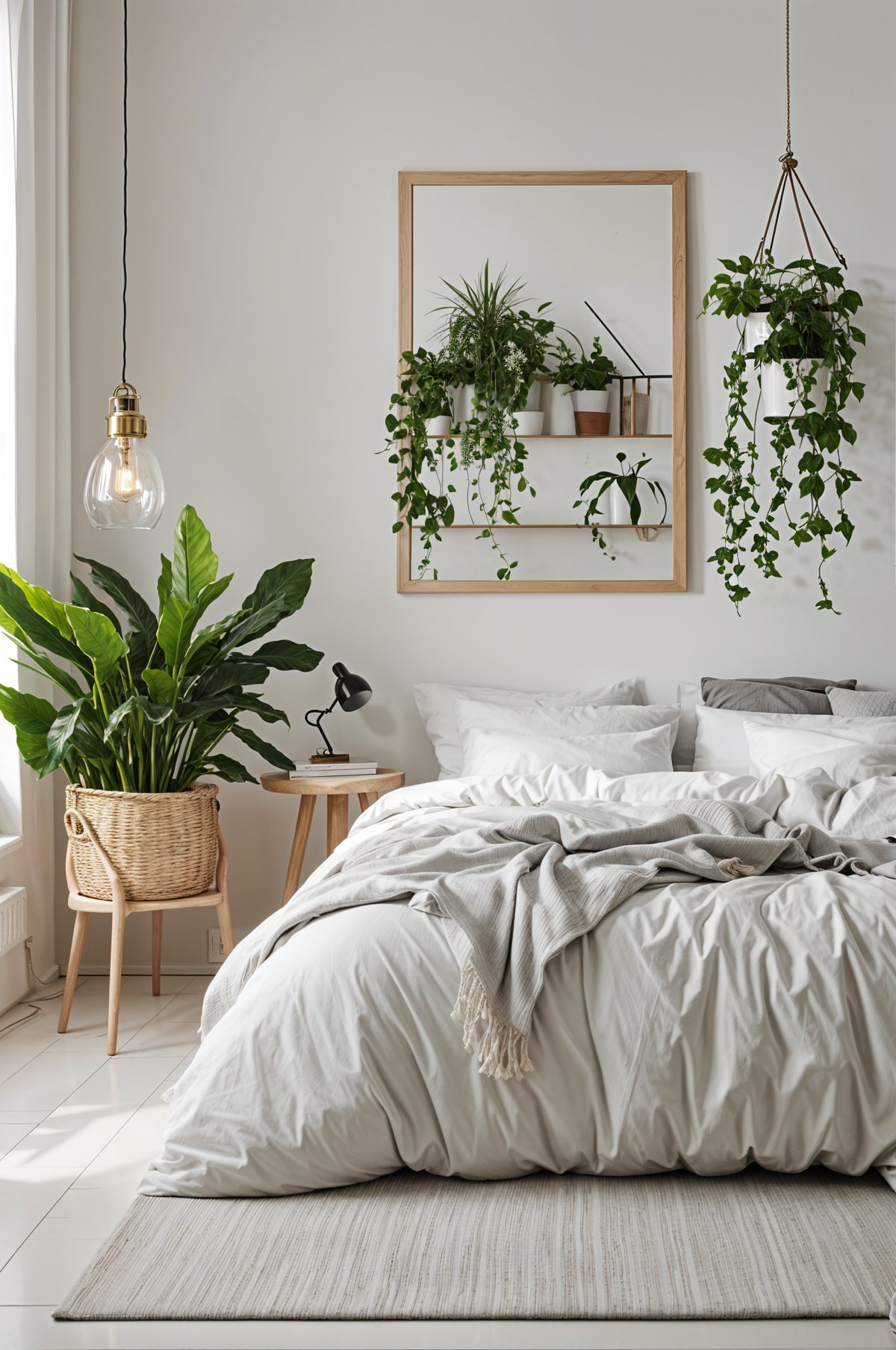 Scandinavian bedroom with a large bed, table, and potted plants