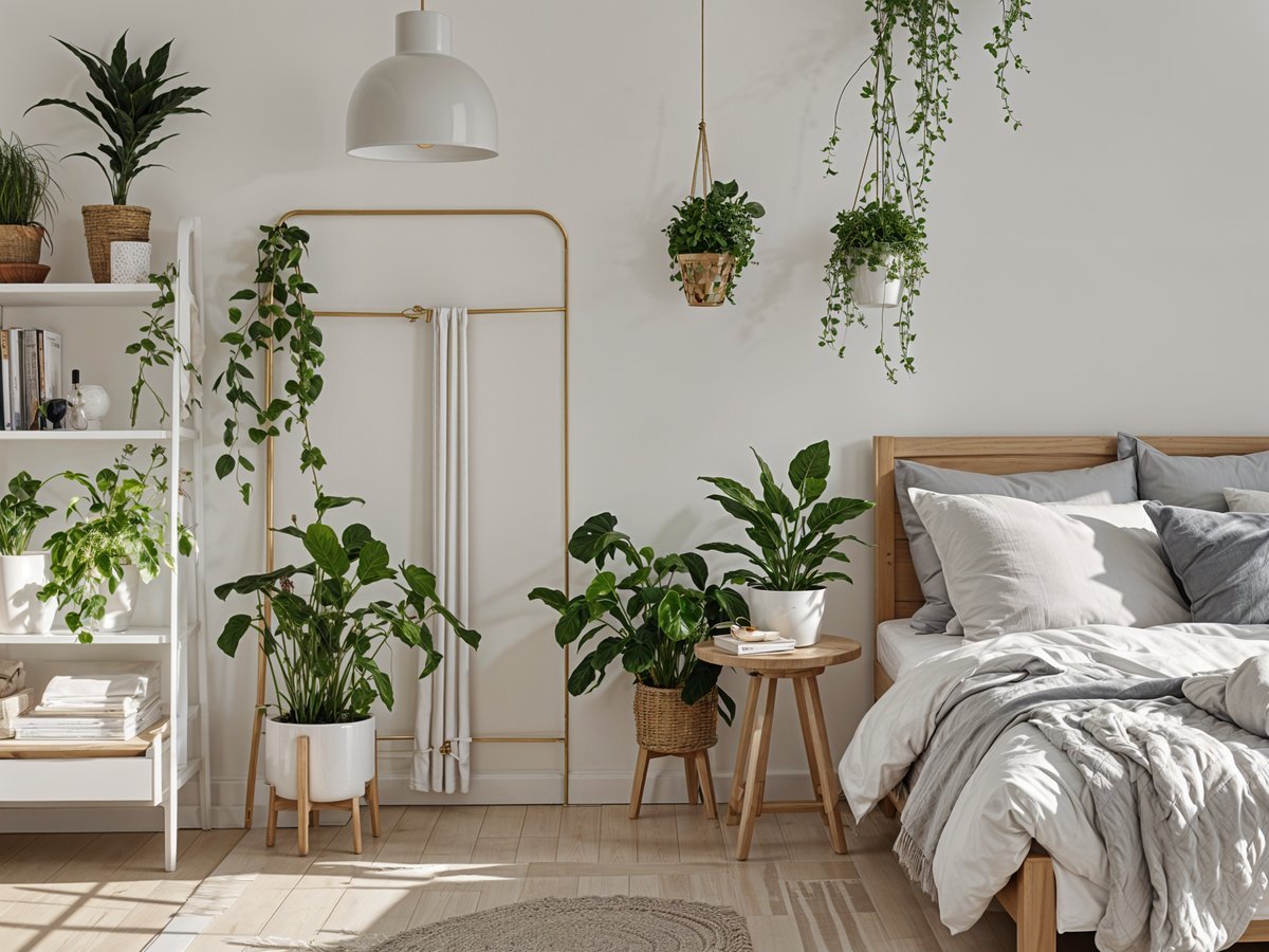 A bedroom with a white bed and potted plants. The plants are placed throughout the room, creating a warm and inviting atmosphere. The bedroom has a Scandinavian design style.