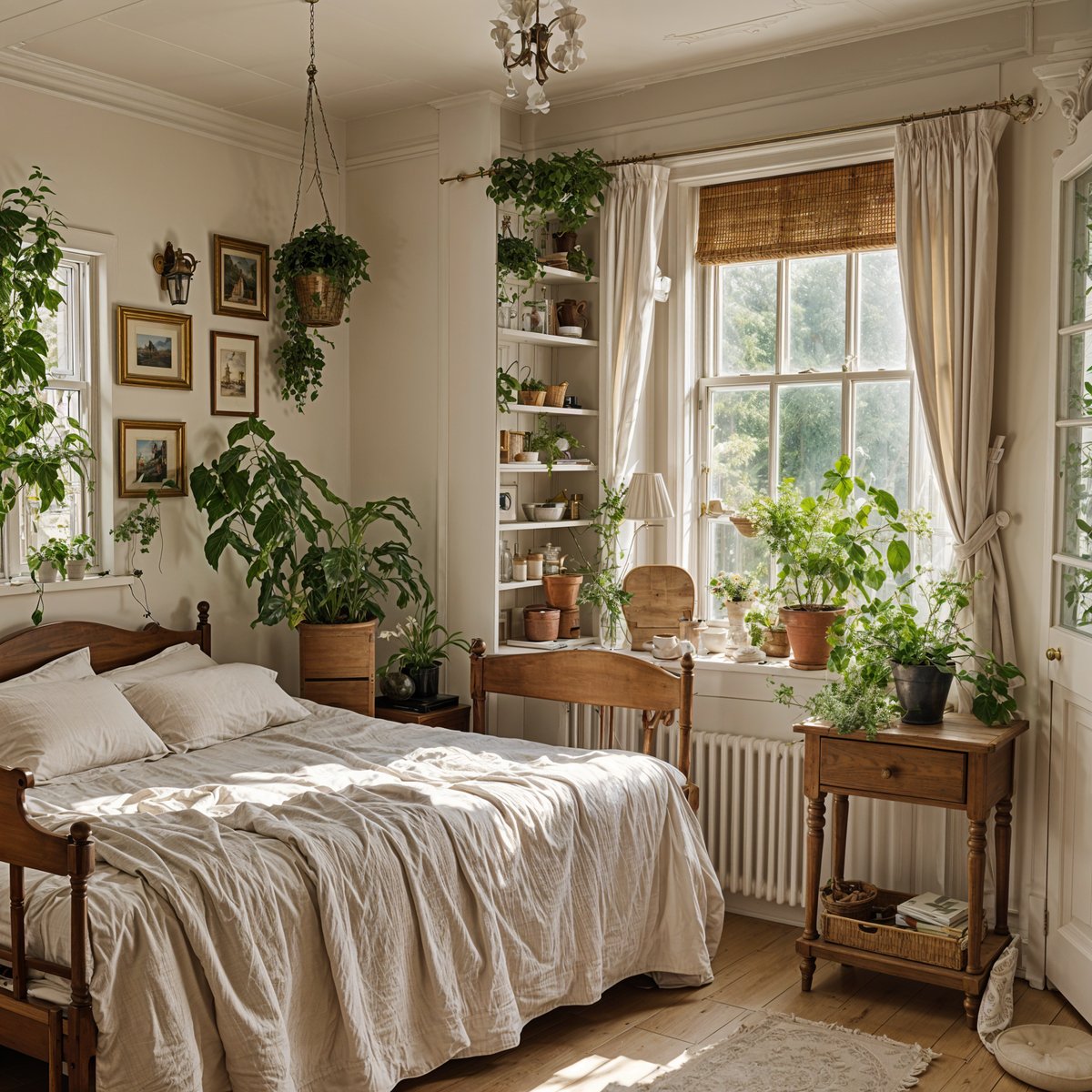 A cozy cottage bedroom with a large bed, a window, and several potted plants.