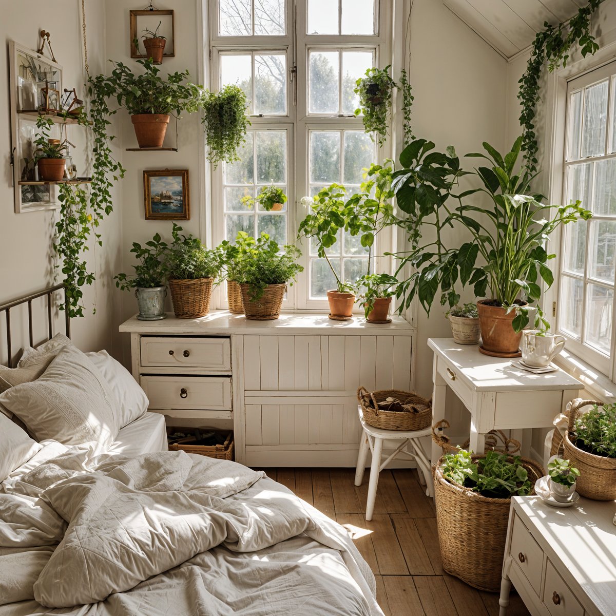 A cozy bedroom with a white bed and a window full of potted plants. The room has a rustic and charming design style, with a mix of natural elements and simple furnishings.