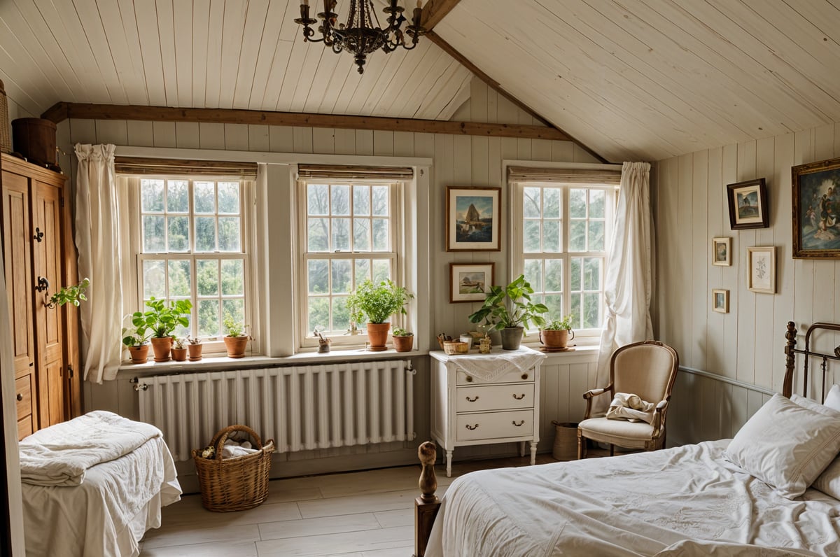 A cozy cottage bedroom with a white bed and a window with potted plants. The room is decorated with various vases and potted plants.