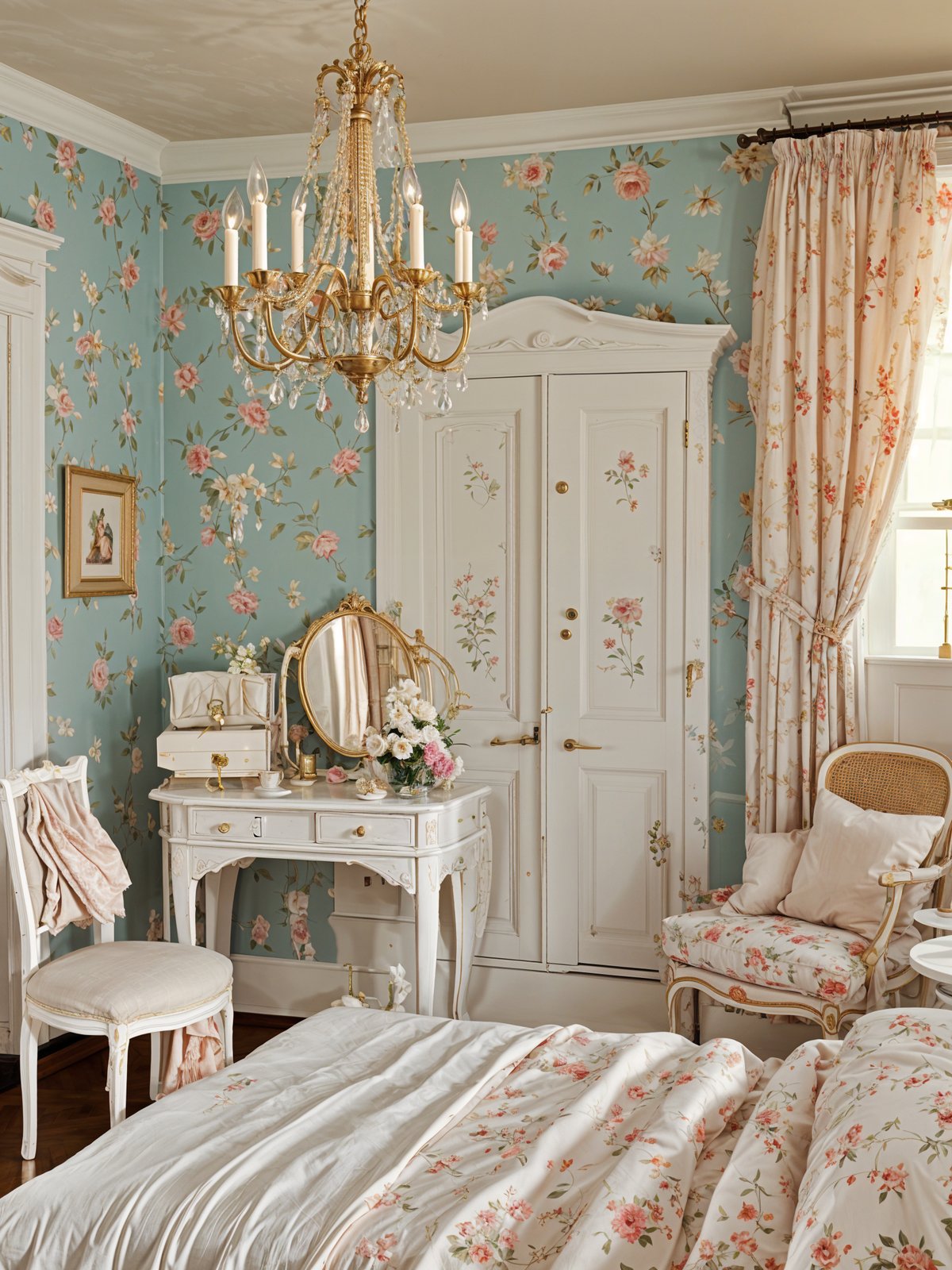 A bedroom with a floral theme and chandelier.