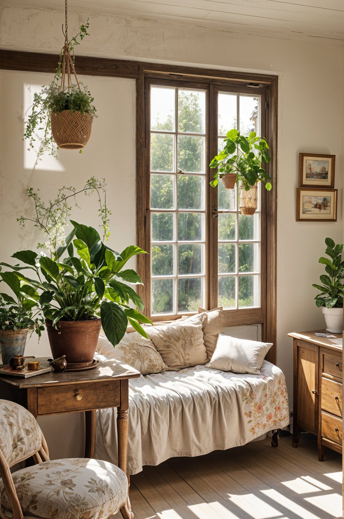 Cottage bedroom with a small bed, potted plants, and a window