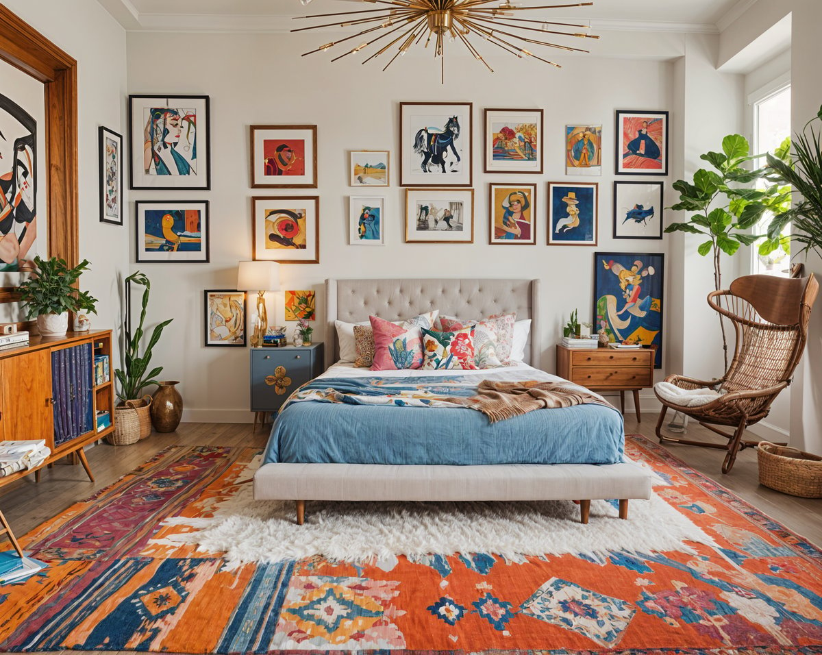 A bedroom with a blue comforter, white headboard, rug, chair, and potted plant. The walls are adorned with numerous pictures, creating an eclectic design style.