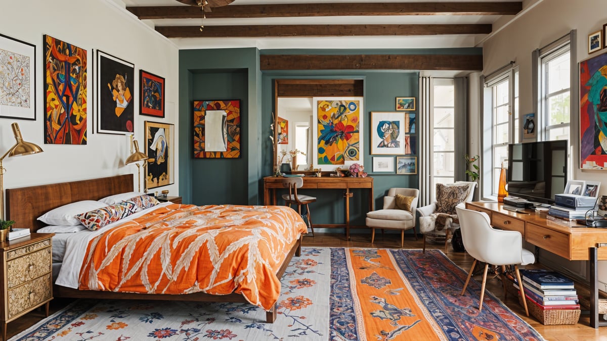 A bedroom with a large bed, a desk, and various art pieces on the walls. The room has an eclectic design style, featuring a mix of different colors and patterns.