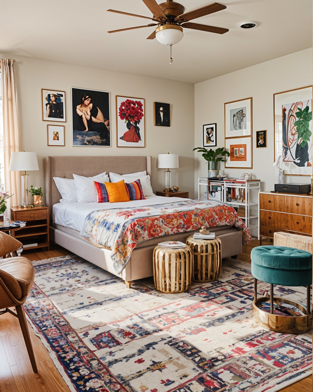 An eclectic bedroom with a large bed, a chair, and a rug. The bed is adorned with a colorful comforter and pillows, and there are several pictures on the wall. A potted plant and a vase can be seen adding to the room's charm.