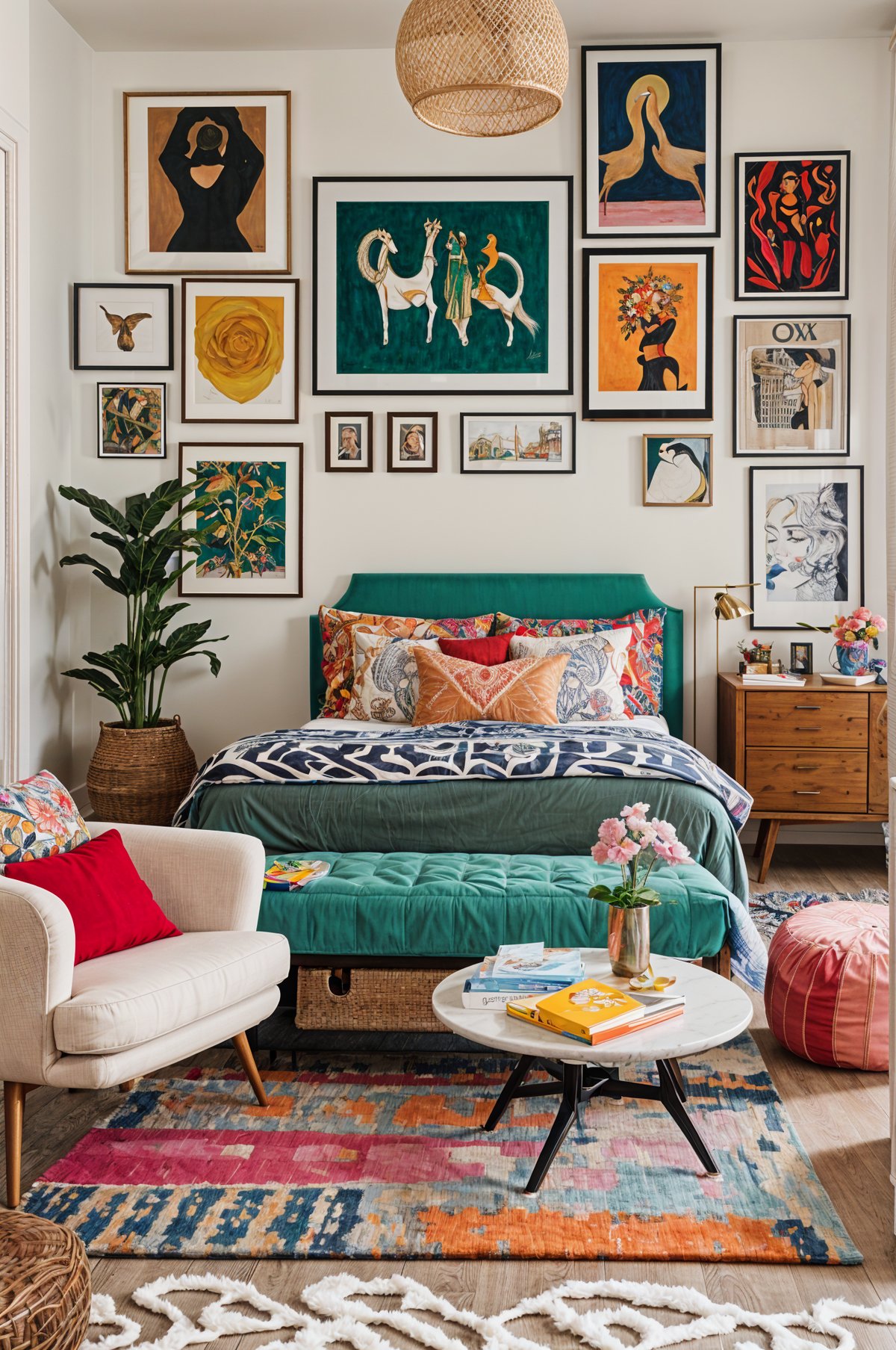 A cozy eclectic bedroom with a green headboard and colorful comforter. The room also contains a chair, couch, table, and potted plant.