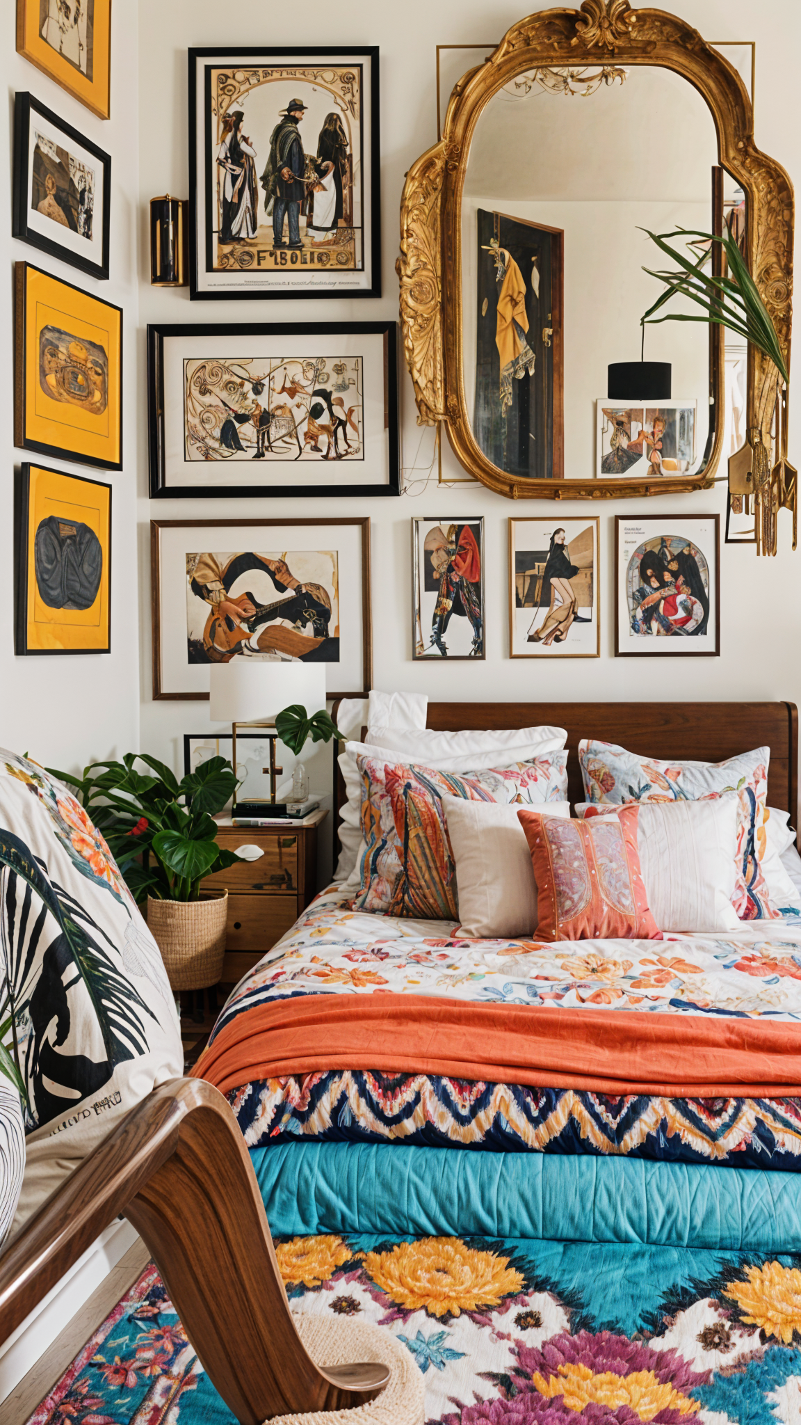 A cozy bedroom with a large bed, wooden headboard, chair, potted plant and vase. The room is decorated with eclectic artwork on the walls.