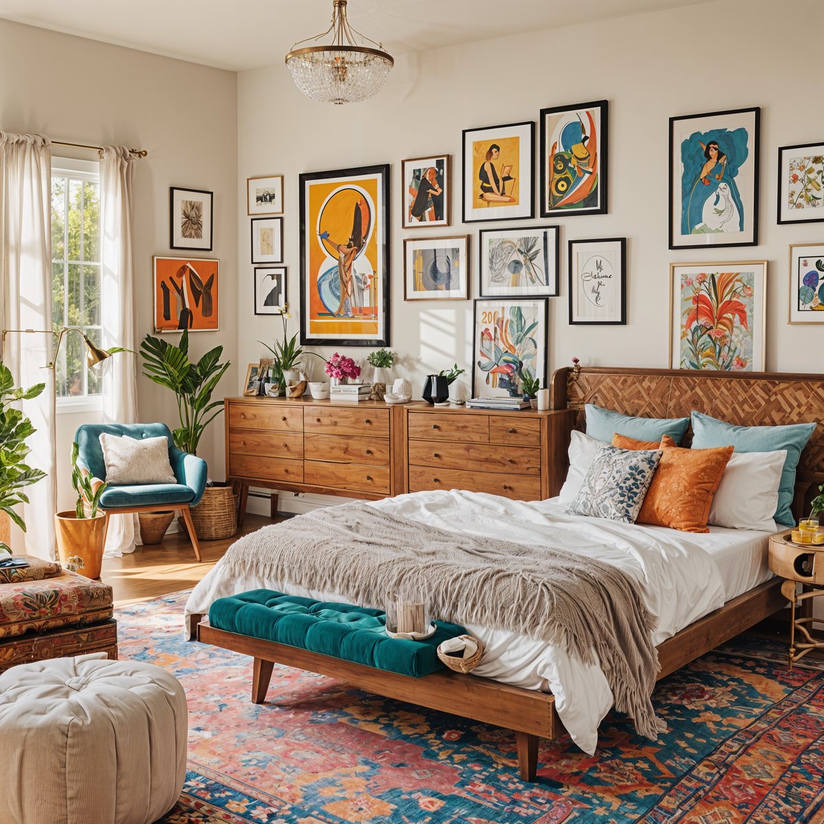 An eclectic bedroom with a large bed, green bench, and various decorative elements.