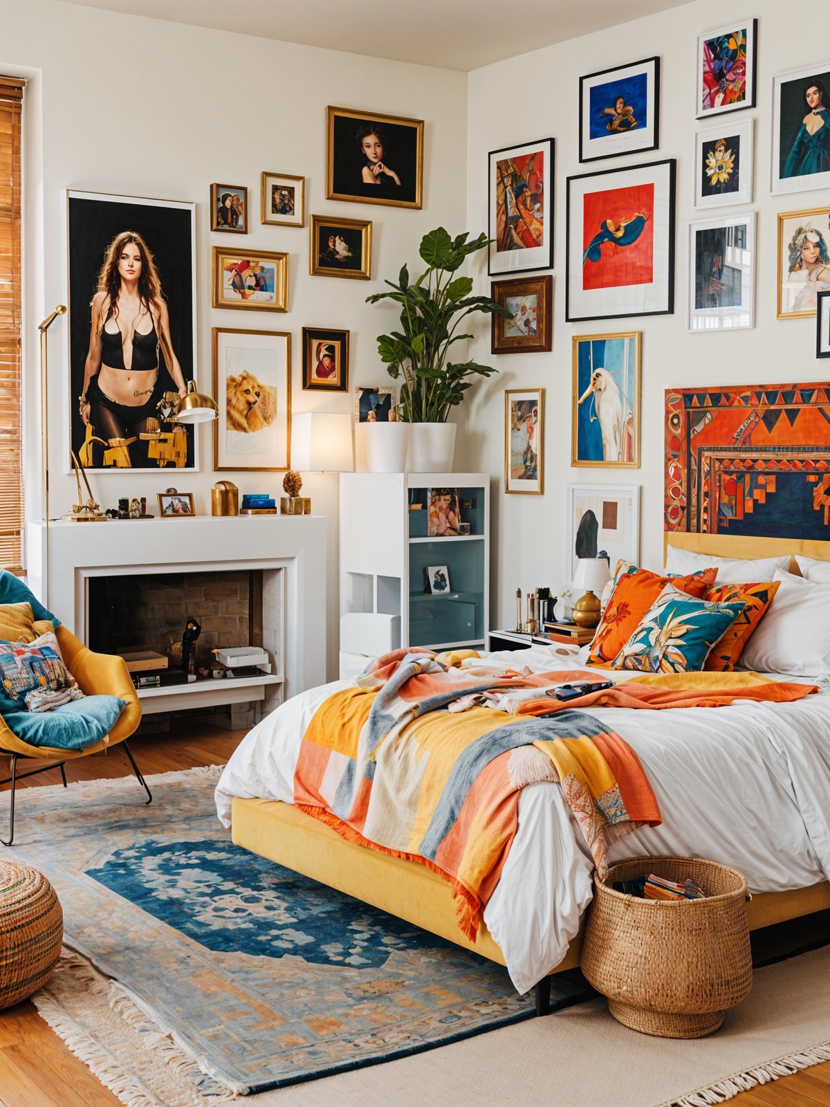 A bedroom with a large bed, a fireplace, and eclectic artwork on the walls.