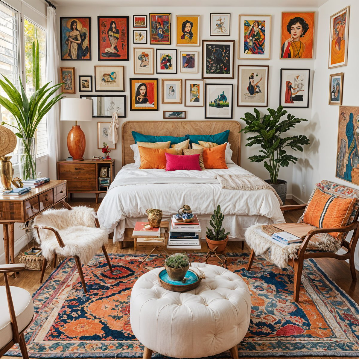 Eclectic bedroom with a large bed, two chairs, and various decorations