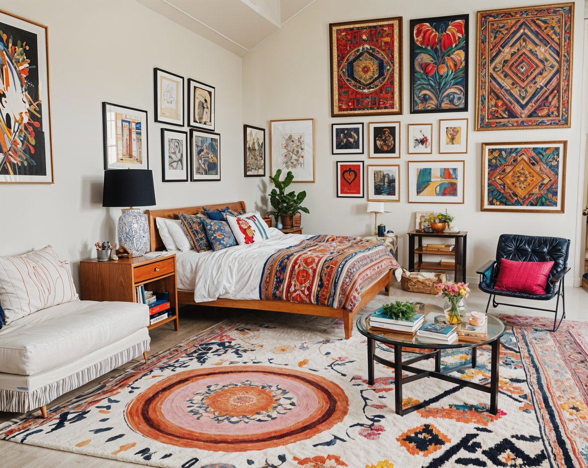 Colorful eclectic bedroom with a large bed, couch, coffee table, rug, and potted plant.