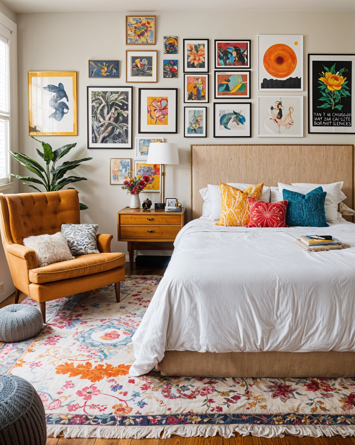 Eclectic bedroom with a large bed, chair, rug, and artwork on the walls.