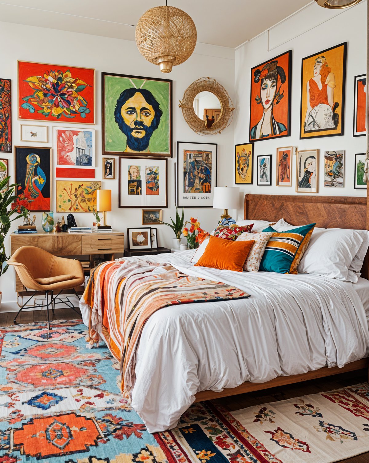 A bedroom with an eclectic design style, featuring a large bed, a chair, and a variety of artwork on the walls.