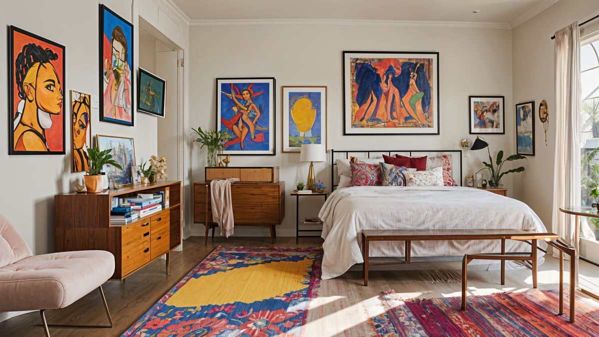 An eclectic bedroom with a large rug and colorful pillows on a white comforter.