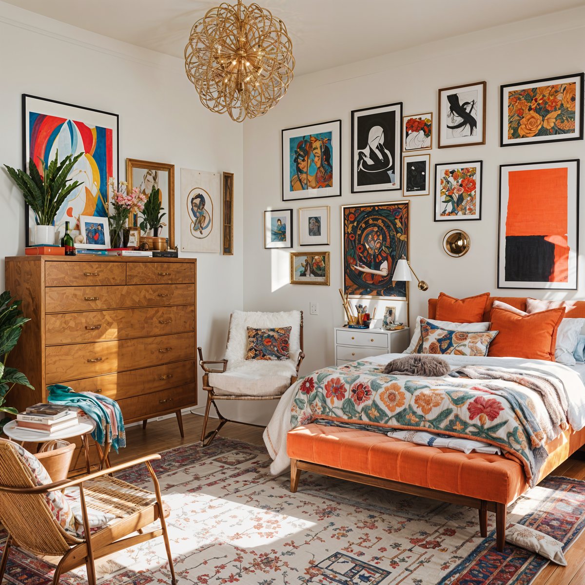 Eclectic bedroom with a colorful quilt, chair, dresser, potted plant, and vase.