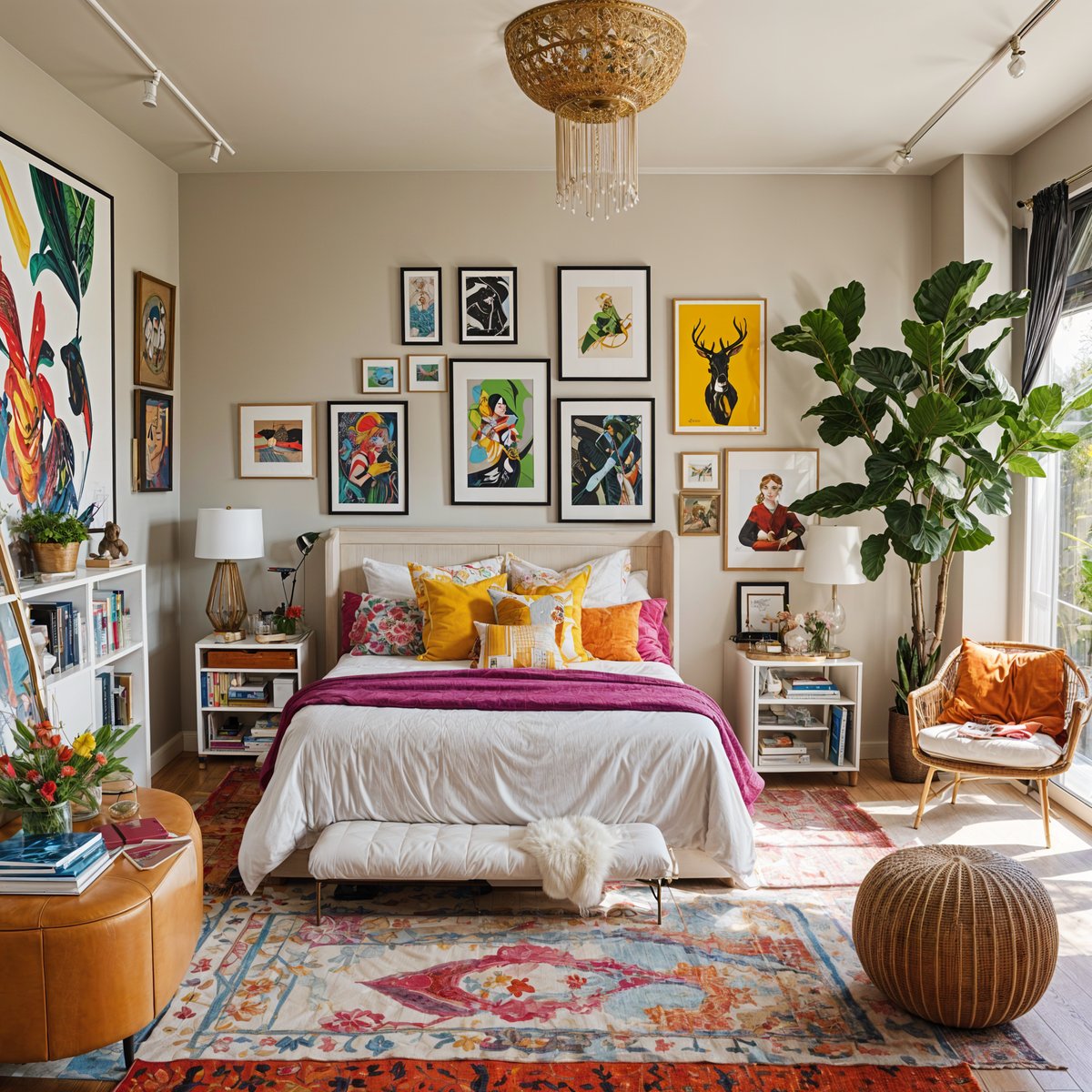 Eclectic bedroom with a large bed, rug, and various artwork on the walls. The room also features a potted plant, a chair, and a couch.