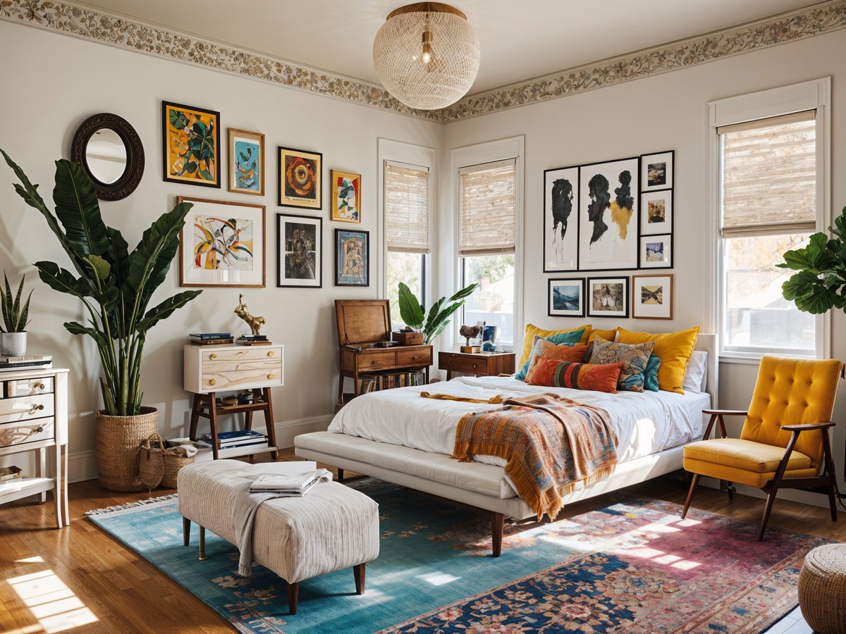 Eclectic bedroom with a white bed, colorful blanket, and various decorative elements